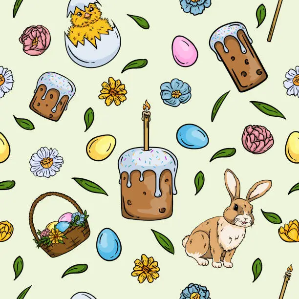 Vector illustration of Bright seamless Easter pattern for gift paper with a hare, chicken , Easter cakes, eggs, flowers and pussy willow.