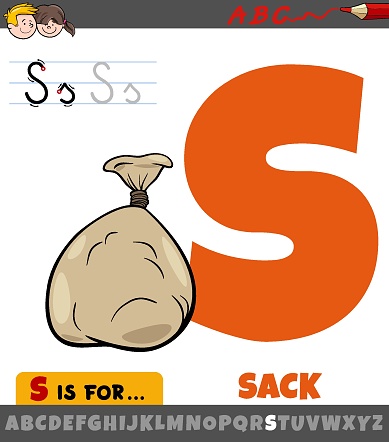Educational cartoon illustration of letter S from alphabet with sack object