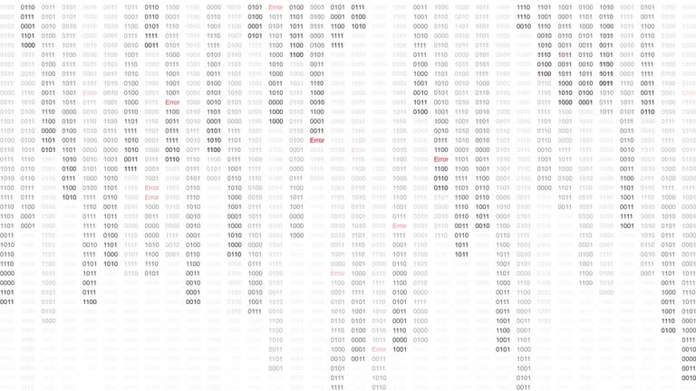 Digital binary code and error message flowing on white background. Big data loopable of technology background, data security, computer crime. Concept of motion graphic, digital business futuristic, binary code row and column background.