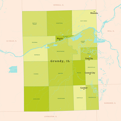 IL Grundy County Vector Map Green. All source data is in the public domain. U.S. Census Bureau Census Tiger. Used Layers: areawater, linearwater, cousub, pointlm.