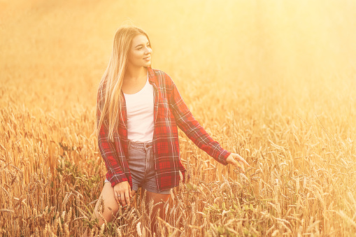 Girl in a red shirt on a background of a field with ripe wheat. Model posing on a warm summer morning. Copy space