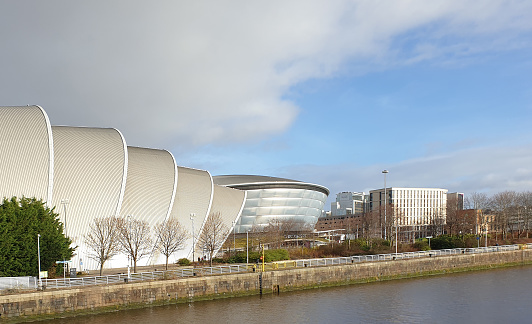 The SEC Armadillo and the OVO Hydro, two entertainment venues in the Scottish Event Campus on the River Clyde in west-central Glasgow, Scotland, UK.