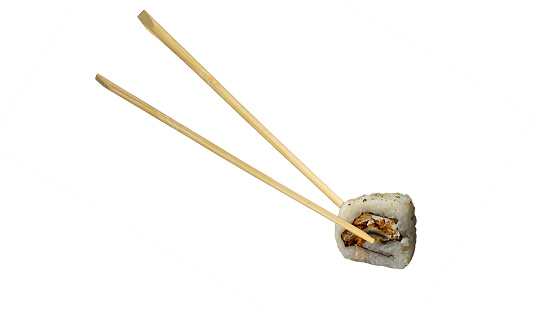 A close-up of sushi isolated on a white background