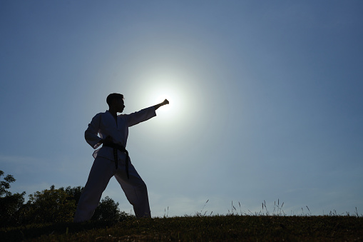 Young man in dobok doing taekwondo stance standing against setting sun
