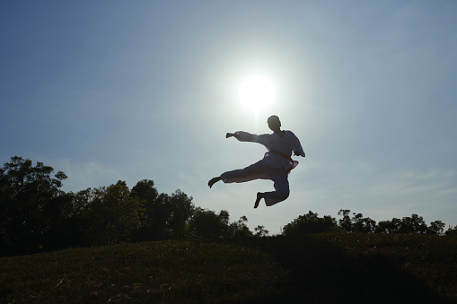 Taekwondo sportswoman practicing jump kick alone