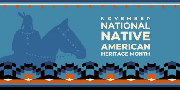 Vector illustration of Native american heritage month greeting. Vector banner, poster, card, flyer, content for social media with text Native american heritage month, november. Blue background with native ornament border.