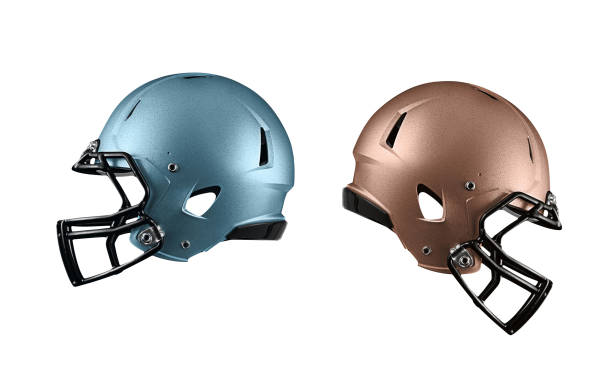 istock Blue and brown Football Helmet on white 2050239436
