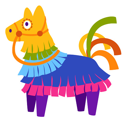 Mexican pinata horse or llama. Cinco de Mayo parade, Mexican fiesta. Colorful toys with treats for child birthday, party celebration, carnival, fiesta, cute animals paper containers for candies.
