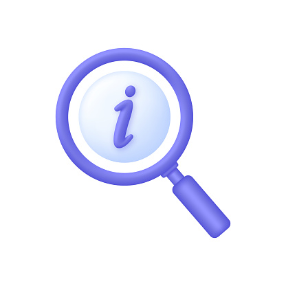 3D Information icon with magnifying glass. Trendy and modern vector in 3d style