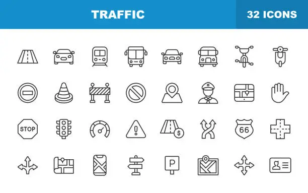 Vector illustration of Traffic Line Icons. Editable Stroke. Contains such icons as Road, Light, Speedometer, Stop Sign, Traffic Cone, Car, Vehicle, Warning Sign, Map, Navigation, Taxi, Gas Station.