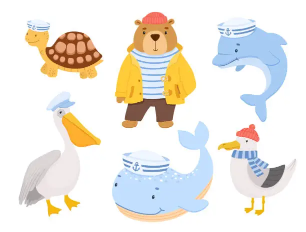 Vector illustration of Cute sailor bear, seagull, turtle and dolphin. Funny vector illustrations set of childish characters isolated on white background