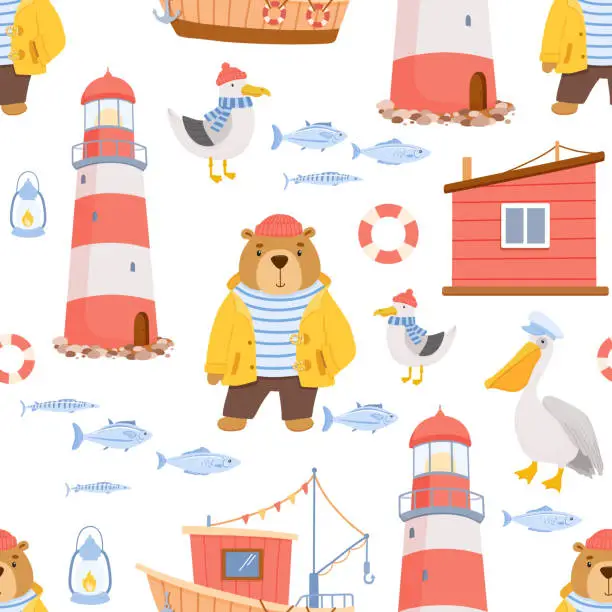 Vector illustration of Seamless childish pattern with cute sailor bear, seagull and lighthouse. Funny vector characters on white background