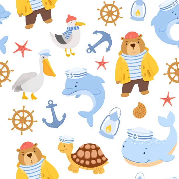 Vector illustration of Seamless childish nautical pattern with cute sailor bear, seagull and dolphin. Funny vector characters on white background