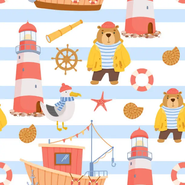 Vector illustration of Seamless childish nautical pattern with cute sailor bear, seagull and lighthouse. Funny vector characters on white background