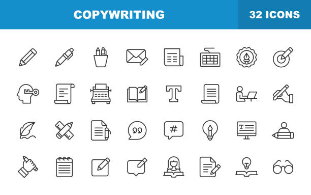 copywriting-zeilensymbole. bearbeitbarer strich. enthält symbole wie bleistift, zeitung, zeitschrift, schreiben, lesen, brainstorming, kreativität, schreibmaschine, marketing, buch, notizbuch, zitat, tastatur, idee. - handschrift stock-grafiken, -clipart, -cartoons und -symbole