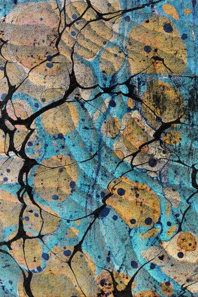 Black vein on blue and yellow Grunge abstract marbled paper background texture