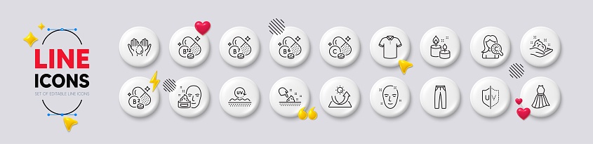 Collagen skin, T-shirt and Pants line icons. White buttons 3d icons. Pack of Uv protection, Cobalamin vitamin, Health skin icon. Face cream, Uv protection, Riboflavin vitamin pictogram. Vector