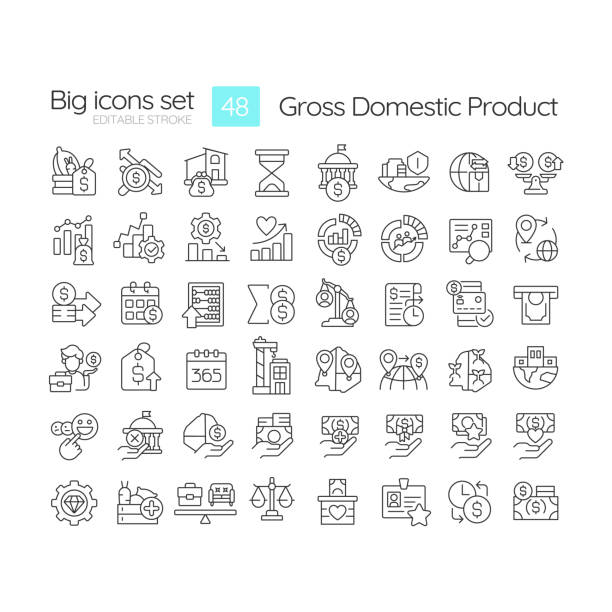 Gross domestic product linear icons set Gross domestic product linear icons set. Economy growth. Purchasing power. National economy consumption. Customizable thin line symbols. Isolated vector outline illustrations. Editable stroke gdp stock illustrations