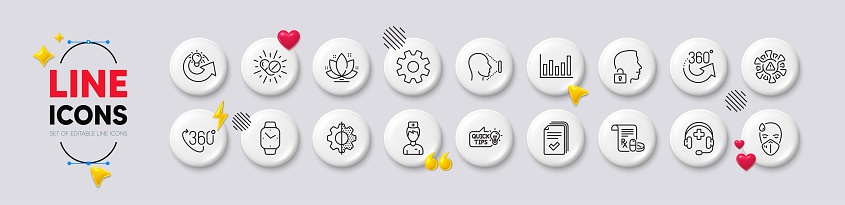 Service, Smartwatch and Education idea line icons. White buttons 3d icons. Pack of Coronavirus, Lotus, Doctor icon. Transform, 360 degrees, Handout pictogram. Vector