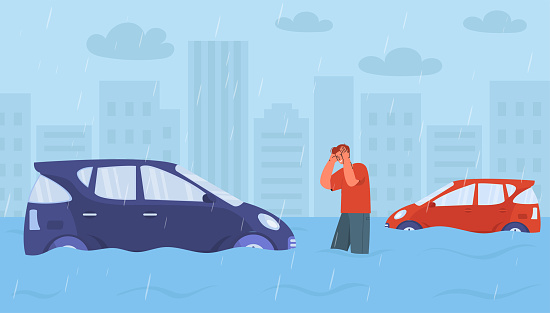 Water flood in city. Sad an stand near blue and red car. Accident and disaster, catclisme. Destroyed urban scene. Environmental damage to buildings and transport. Cartoon flat vector illustration