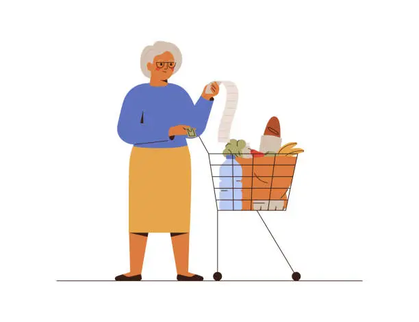 Vector illustration of Older woman surprised by high price for products. Senior female shocked by expensive grocery prices. Inflation in economics for retired people