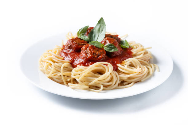 istock Spaghetti with meatballs isolated on white background 2050327610
