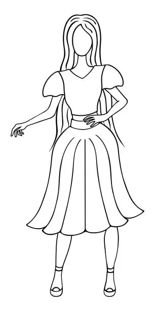 Vector illustration of Young woman. Sketch. Lady in a blouse with bell sleeves and a fluffy long skirt with a belt.