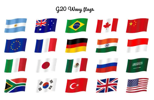 Vector illustration of Set of flags of G20 summit participants fluttering in the wind -  participating countries