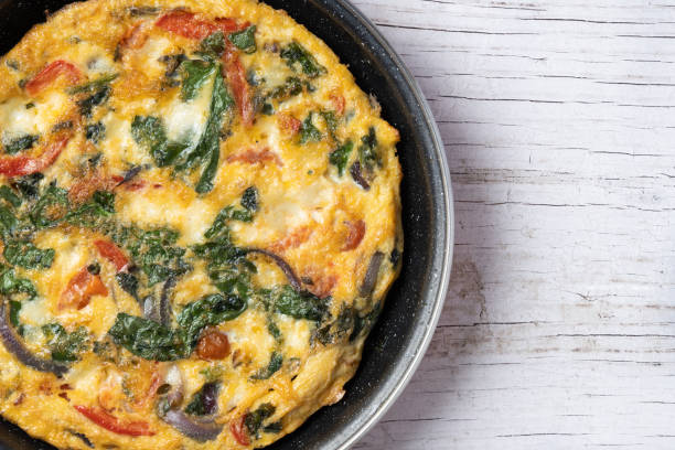 istock Italian Frittata made with spinach, tomatoes, onion and peppers isolated on white background 2050347606