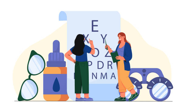 Women with ophthalmology vector Women with ophthalmology. Young girls near letters and equipment for sight check. Health care and medicine, diagnosis and treatment. Cartoon flat vector illustration isolated on white background myopic stock illustrations