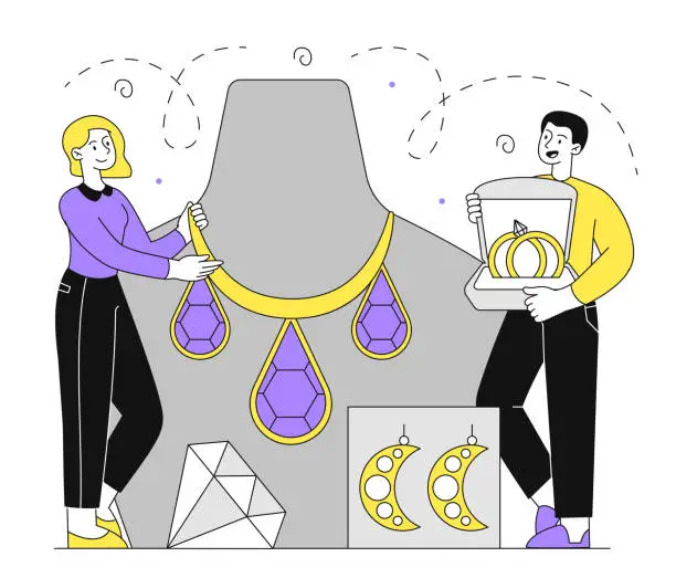 Vector illustration of Jewelers with mannequin vector linear