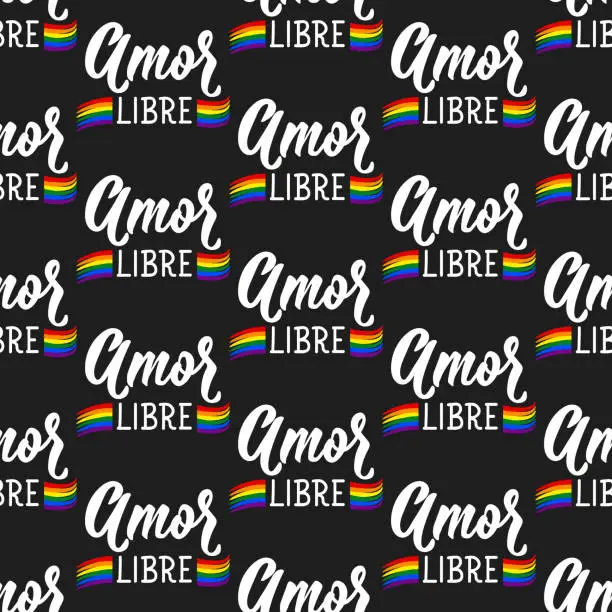 Vector illustration of Seamless elegant pattern with Spanish lettering. Free love - in Spanish. Print for textile, wallpaper, covers, surface. For fashion fabric. Equality and diversity concept