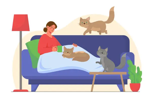 Vector illustration of Woman with cats at home vector