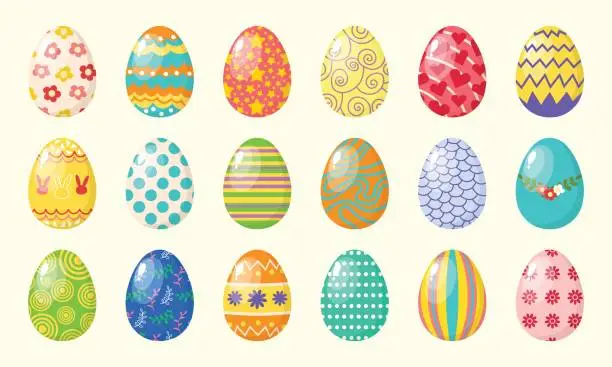 Vector illustration of Easter eggs. Collection of Easter eggs with different spring, botanical, floral, cute colored patterns. Vector set isolated on white background.