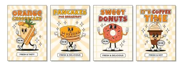 Vector illustration of Collection of trendy posters, flyers, banners with cheesecake, pancakes, donut, coffee in groovy retro style. Fast street sweet food poster set. Vector illustration with editable stroke for cafe and restaurant.