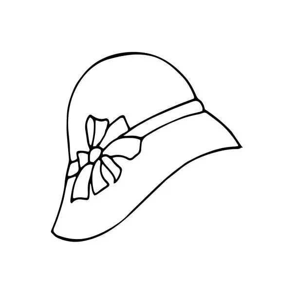 Vector illustration of Hand-drawn fashion women's straw hat with ribbon and flower on it. Head accessory doodle isolated on white. 1930s fashion.