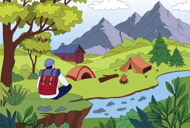 Vector illustration of Man camping at forest vector