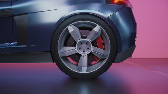 Close-up Sports Car Wheel on Blue and Pink Background