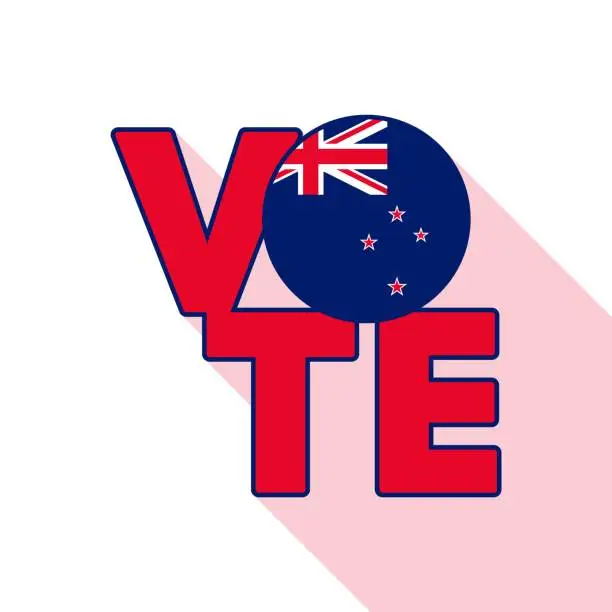 Vector illustration of Vote sign, postcard, poster. Banner with New Zealand flag. Vector illustration.