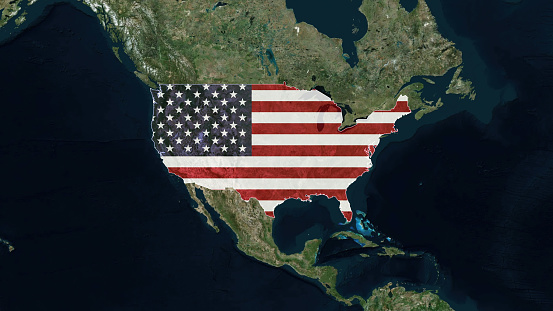 Credit: https://www.nasa.gov/topics/earth/images\n\nUnited States Map with Flag Stock Image