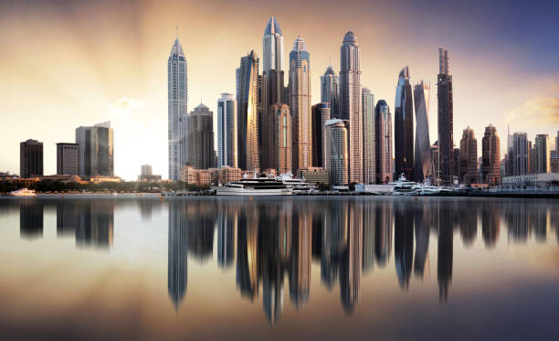 istock Dubai skyline Marina with reflecion at colorful sunset, UEA 2050409152