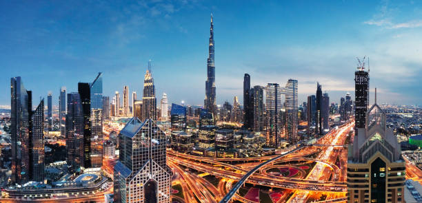 Amazing night Dubai downtown skyline, UAE