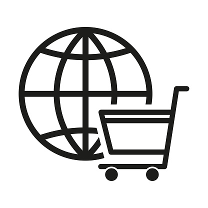 Globe shopping cart icon. Global commerce symbol. International trade vector. Vector illustration. EPS 10. Stock image.