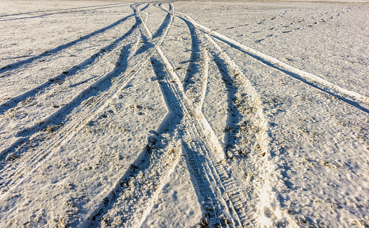 Snowmobile tracks in fresh snow.