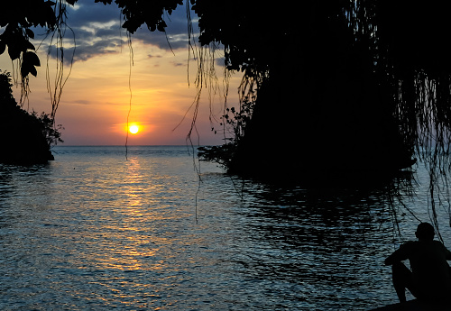 The sun sets on the horizon framed by the mangroves of one of the Togean islands, in Sulawesi