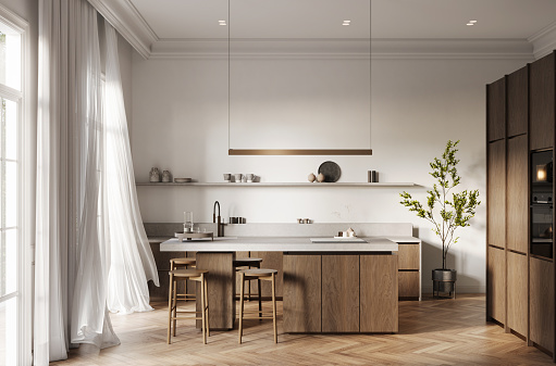 Modern kitchen with a minimalistic touch, highlighted by flowing curtains, wooden tones, and a cozy breakfast bar