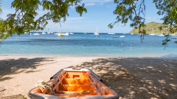 Tourist boat in front of the coastline on a sunny day, St. Maarten