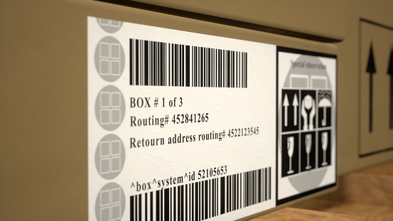 Tags on packages in warehouse center with express delivery identification labels and shipment information. Products ready for distribution in retail marketplace. Close up. 3D render animation.