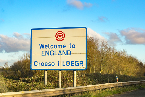 Bristol, England, UK - 10 january 2024: Welcome to England sign on the M4 motorway on the border between England and Wales