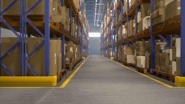 istock Retail store merchandise stacked on warehouse racks with invoice labels 2050472568